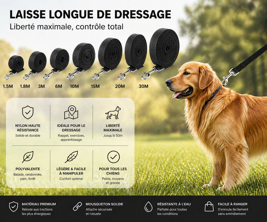 Laisse longue pour chien – Liberté & contrôle jusqu’à 50m