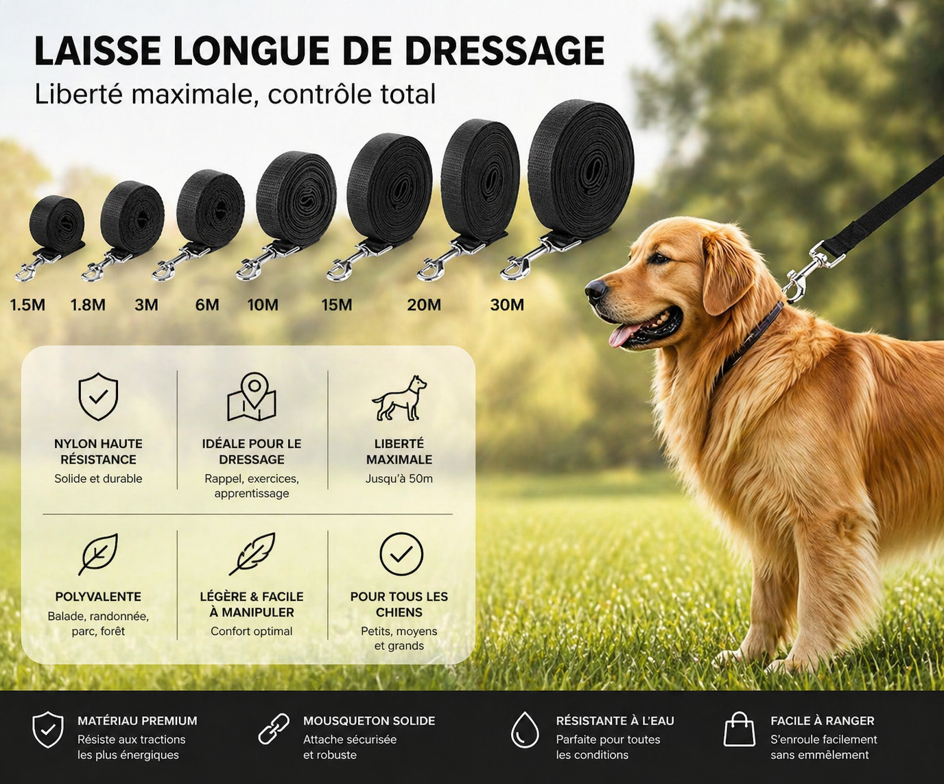 Laisse longue pour chien – Liberté & contrôle jusqu’à 50m