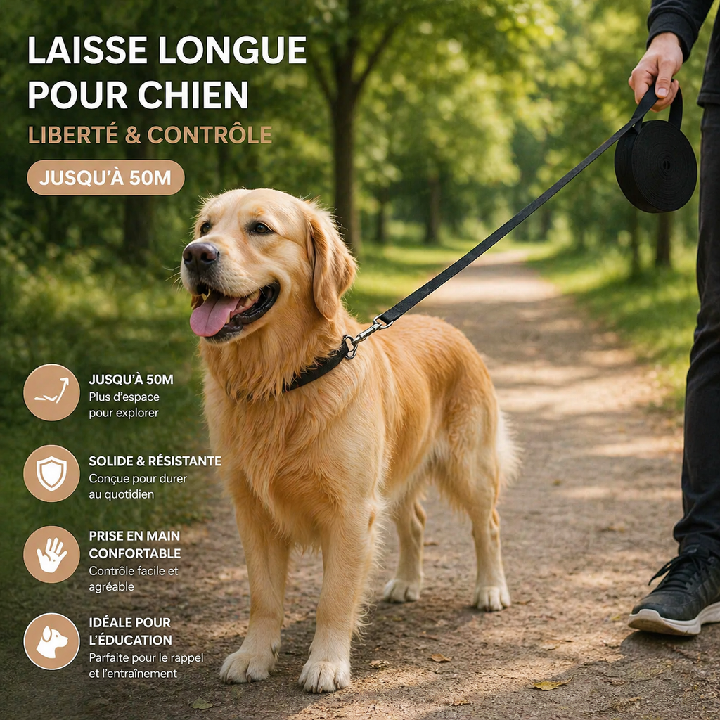 Laisse longue pour chien – Liberté & contrôle jusqu’à 50m